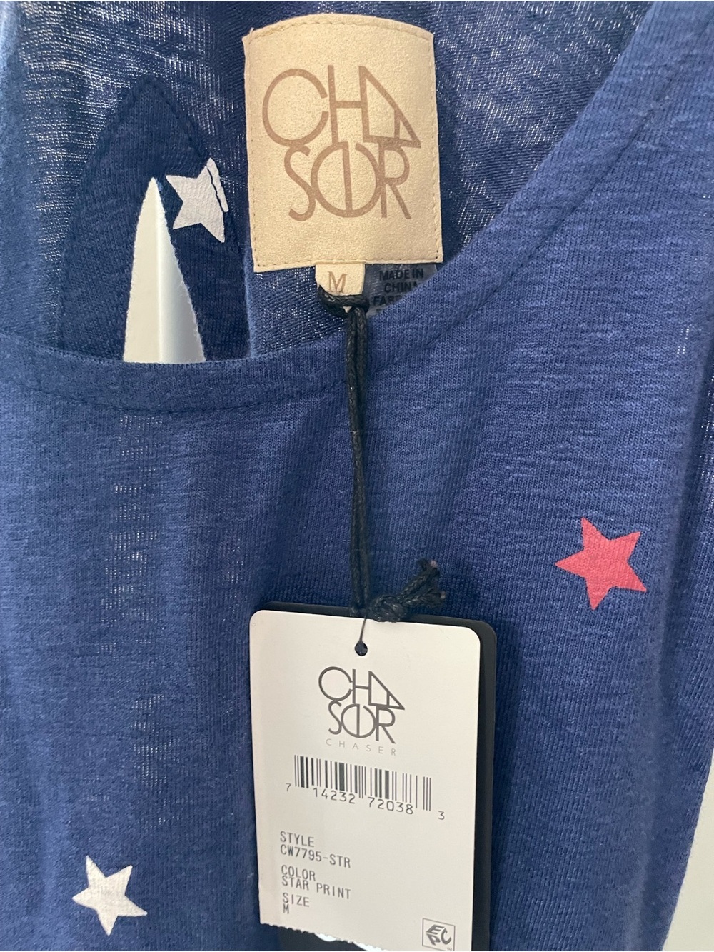 Chaser Navy Star Print Linen Tank Top - Blue, White & Red Stars - Picture 2 of 6